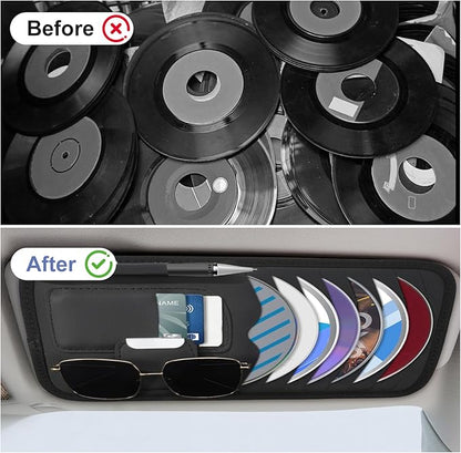 Black Car CD Holder, Leather Car Visor Organizer Sun Visor Case Holders Multi-Function DVD Vehicle Visors Storage Organizer Cars Visors Holders with Storage, Eyeglassclip, Card Slots & Pen