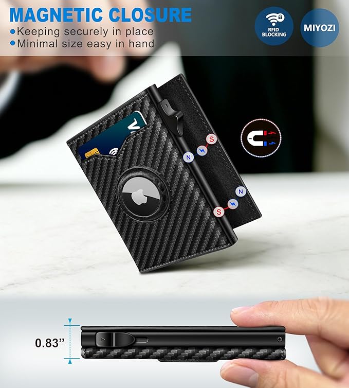 miyozi Airtag Wallet for Men,with Cash Pocket 2 ID Window 9-12 Cards,Metal Case Smart Slim Pop Up Credit Card Holder Flip with Magnetic Closure RFID Blocking Trifold wallet with Gift Box