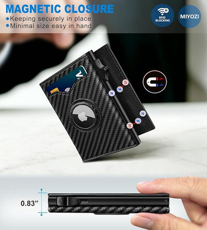 miyozi Airtag Wallet for Men,with Cash Pocket 2 ID Window 9-12 Cards,Metal Case Smart Slim Pop Up Credit Card Holder Flip with Magnetic Closure RFID Blocking Trifold wallet with Gift Box