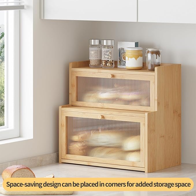 Double Layer Bamboo Bread Box for Kitchen Counter,Bread Holder,Countertop Bread Storage with Window (Natural)