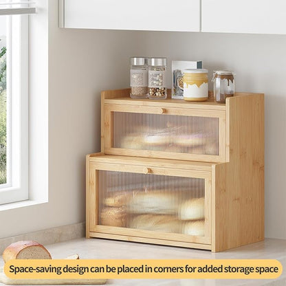 Double Layer Bamboo Bread Box for Kitchen Counter,Bread Holder,Countertop Bread Storage with Window (Natural)