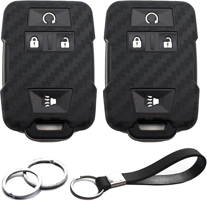 2pcs Fit for Chevy Chevrolet Silverado Colorado Suburban Tahoe Avalanche Equinox Traverse GMC Canyon Yukon XL Sierra 1500 2500 3500 HD Terrain Acadia Carbon Fiber Look Key FOB Cover Case Chain