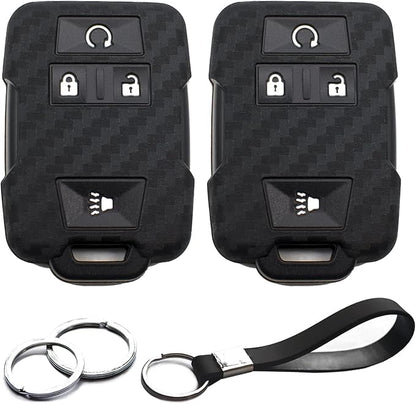 2pcs Fit for Chevy Chevrolet Silverado Colorado Suburban Tahoe Avalanche Equinox Traverse GMC Canyon Yukon XL Sierra 1500 2500 3500 HD Terrain Acadia Carbon Fiber Look Key FOB Cover Case Chain