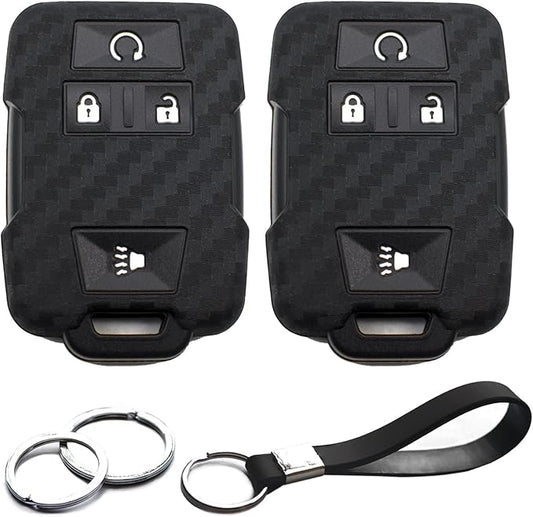 2pcs Fit for Chevy Chevrolet Silverado Colorado Suburban Tahoe Avalanche Equinox Traverse GMC Canyon Yukon XL Sierra 1500 2500 3500 HD Terrain Acadia Carbon Fiber Look Key FOB Cover Case Chain