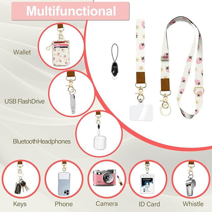 Cute Lanyard Wallet with ID Badge Holder,Strawberry RFID Wallet Women Keychain Wristlet,Slim Credit Card Holder with Zipper Pocket Phone Lanyard Wrist Strap Office Teacher Gift