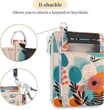 Hancynir Boho Abstract Floral Flower Small Wallet Women Credit Card Holder, Slim RFID Blocking Keychain Card Wallets, Mini Front Pocket PU Leather Travel Zipper Coin Cash Ladies Wallet Organizer Gifts