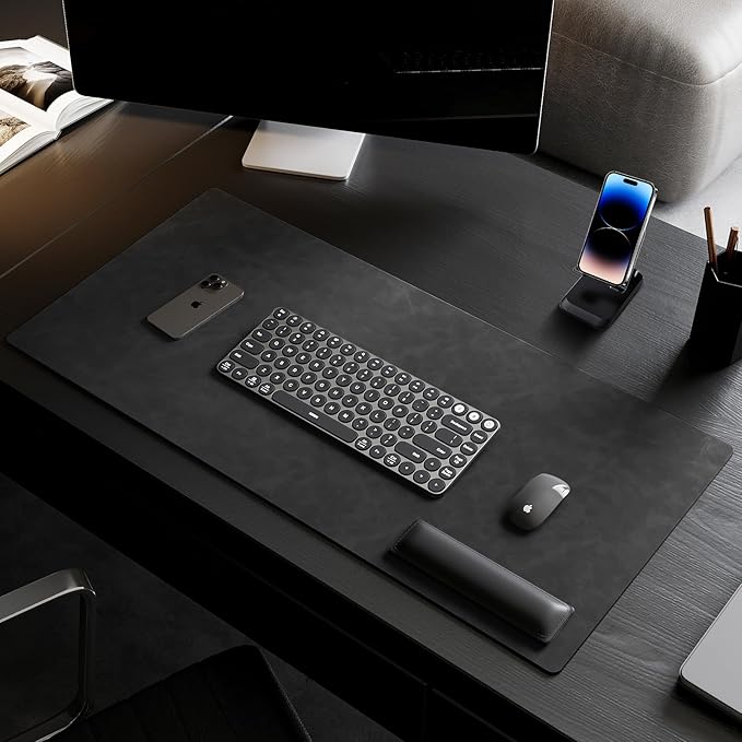 Leather Desk pad for Computer and laptops, Ideal for Gaming and Office use, Large Mouse pad and Keyboard mat,Desk mat Special for man. A complimentary Wrist pad and Phone Stand.(Black, 15.7"x 31.5")