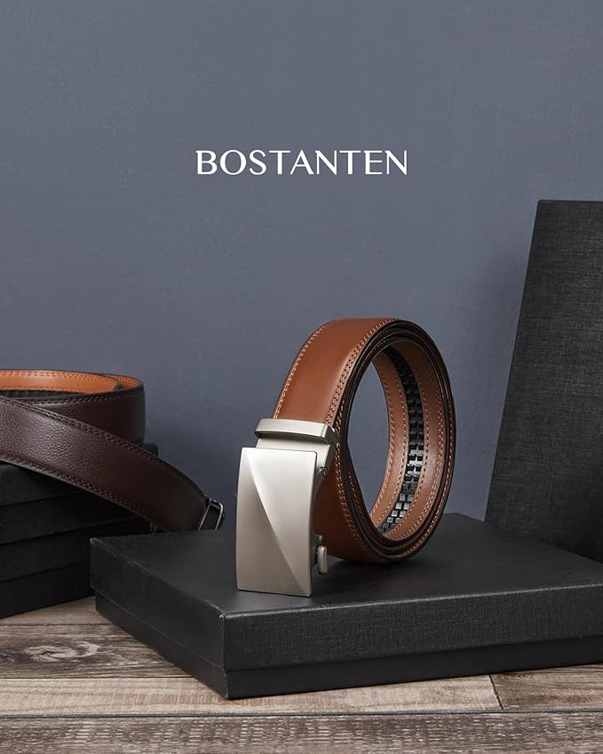 BOSTANTEN Mens Belt Leather Ratchet Belt For Men Dress and Casual with Adjustable Buckle, Trim to Fit