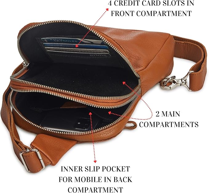 Leather Sling Bag for Women Genuine Crossbody Purse Small Trendy Cross Over Chest with Phone and Credit Card Slots (Cognac Nappa)