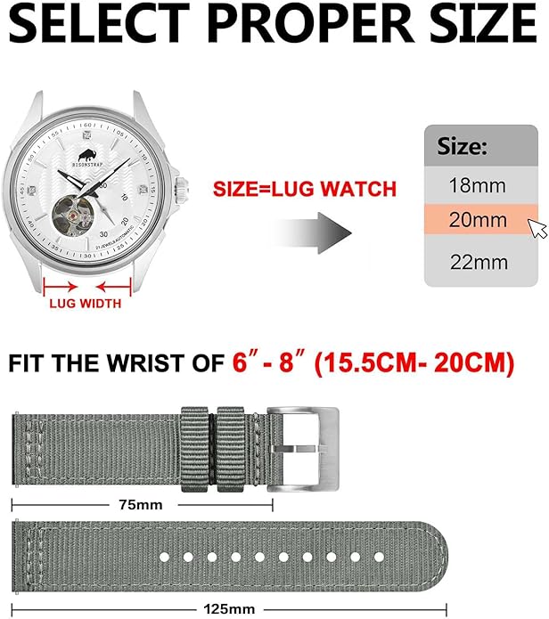 BISONSTRAP Men’s Nylon Watch Bands, Two-Piece Military Watch Straps, Quick Release, Brushed Buckle, Band Width 18mm 19mm 20mm 22mm
