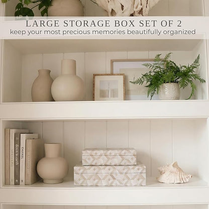 ZICOTO Decorative Storage Boxes with Lids - Set of 2 Beautiful Organizer Bins for Your Bookshelf Home Decor - Safely Store Photos, Documents and Memory Box Keepsakes on Your Shelves in Style