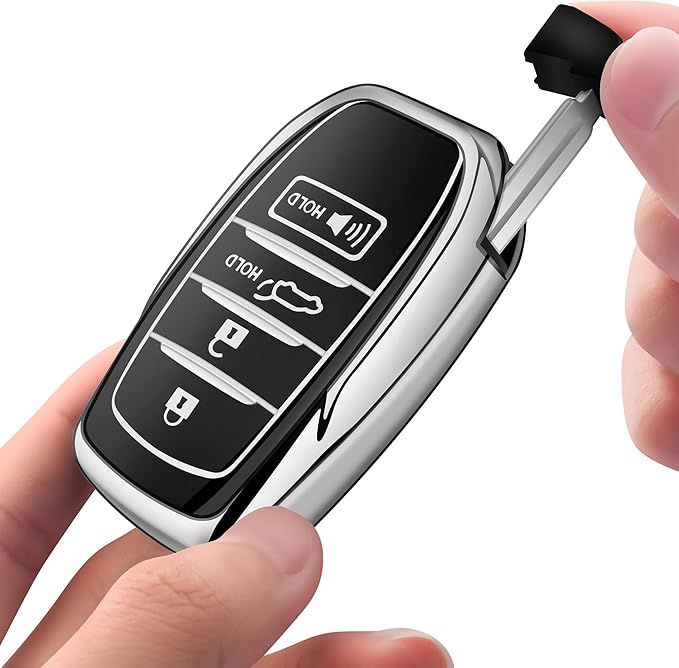 Sindeda for Toyota Key Fob Cover with Metal Keychain & Leather Strap for 2025-2026 Camry 4 Runner 2019-2026 Venza, Land Cruiser,2023-2026 Tacoma Grand Highlander,Corolla,bZ4X,4-5 Buttons(Silver)