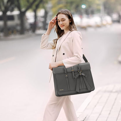 MOSISO Laptop Bag for Women, 15-15.6 inch PU Leather Laptop Shoulder Bags Convertible Backpack, 16 inch Messenger Bags Casual Handbag Work Briefcase Travel Computer Bag with Bowknot, Gray