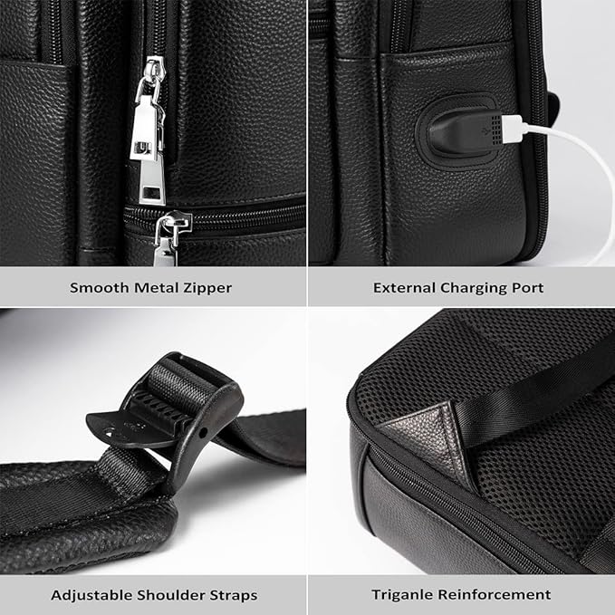 15.6 Inch Genuine Leather Laptop Backpack for Men Women, Business Travel Backpack Hiking Rucksack Daypack (4#Black)