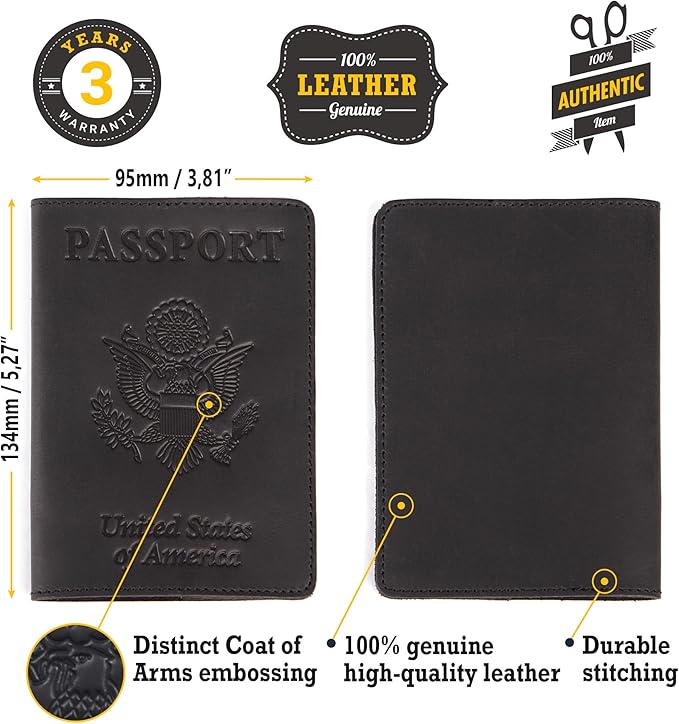 Shvigel US Leather Passport Book Cover - Thin American Travel Passport Holder - Premium International USA Passport Protector Case for Women Men (Black Vintage)