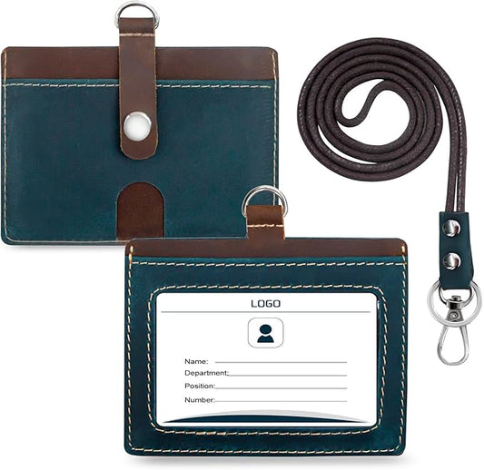 Badge Holder: Boshiho Cowhide Leather ID Badge Card Holder with 19" Neck Lanyard, Horizontal Style (Blue)