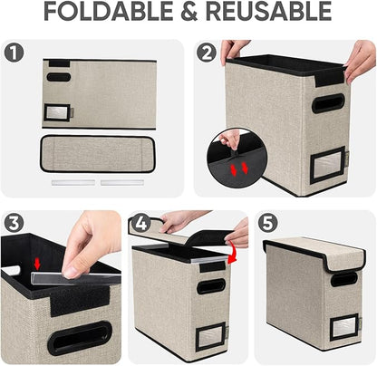 BALEINE File Organizer Box with Lid, Collapsible File Folder Organizer with Plastic Slide, Hanging File Folder Box for Office Document Storage (2 Pack, Beige, S)