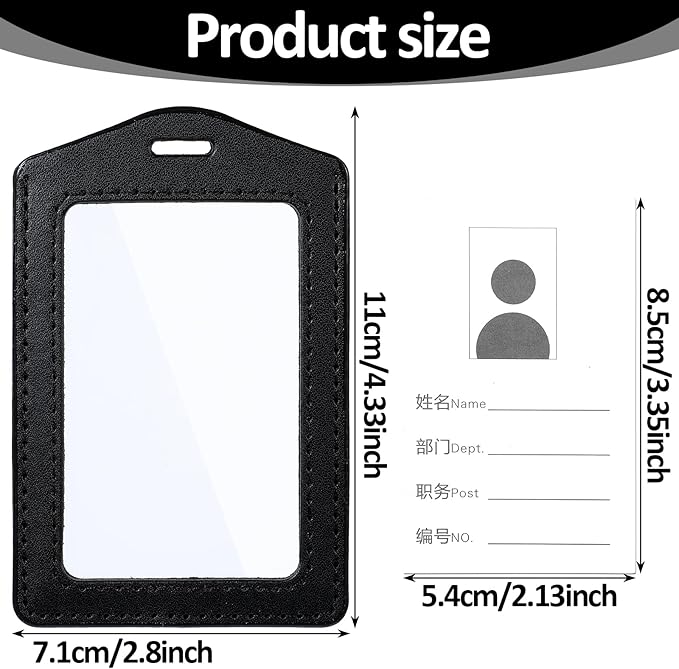 Leather ID Badge Holders, Mabor 2 Pcs Leather ID Badge Holder Vertical Double-Side Clear Card Holder Waterproof Name Badge Holder for Office Staff Students School ID Credit Cards(Black)