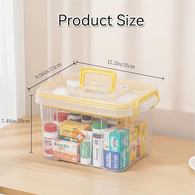 Pulseplay Clear Medicine Storage Box with Handle Portable Medicine Cabinet Organizer Multipurpose Plastic Storage Box with Removeable Tray for Home Office Travel Outdoor (Yellow)