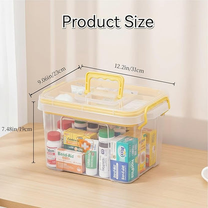 Pulseplay Clear Medicine Storage Box with Handle Portable Medicine Cabinet Organizer Multipurpose Plastic Storage Box with Removeable Tray for Home Office Travel Outdoor (Yellow)
