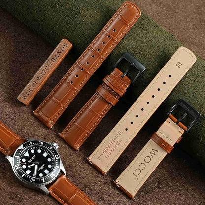 WOCCI Watch Bands, Top Grain Leather, Embossed Alligator Grain, Quick Release, Band Width 18mm 20mm 22mm
