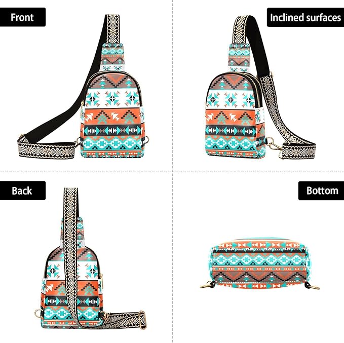 ZAZYXTJ Western Aztec Crossbody Sling Bag for Women Leather Small Chest Bag Adjustable Straps Daypack for Travel Sport Hiking