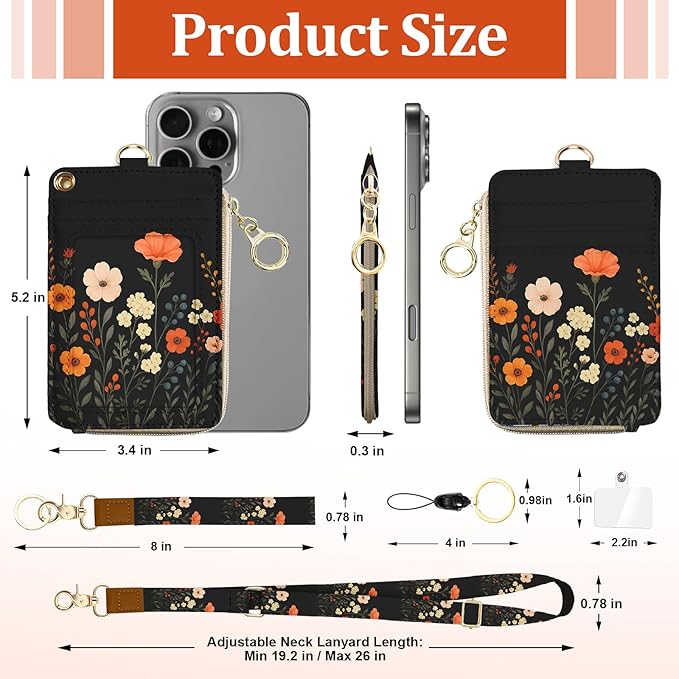 Floral Lanyard Wallet with ID Holder, PU ID Badge Holder with Lanyard, Zipper ID Case Card Holder for Women,RFID Adjustable Neck Lanyard Wrist Strap with Keychain for Teacher Work Office Gift