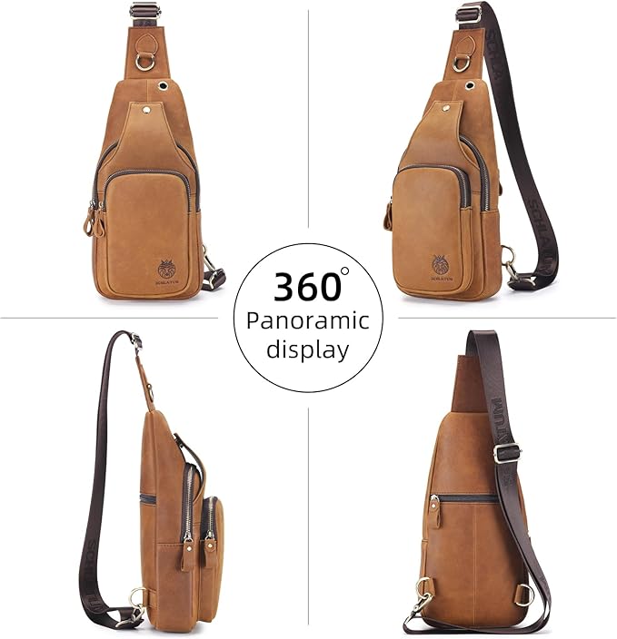 Mens Sling Bag Genuine Leather Crossbody Bags for Men Small Sling Chest Backpack Casual Man Bag Hiking Outdoor, Brown