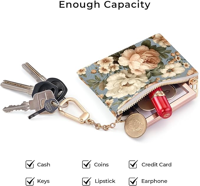 Vintage White Peony Floral Flowers Keychain Coin Purse for Women, Small PU Leather Change Pouch, Zipper Little Tiny Travel Wallet for Girls, Cute Kawaii Zip Pocket Coin Holder with Key Ring
