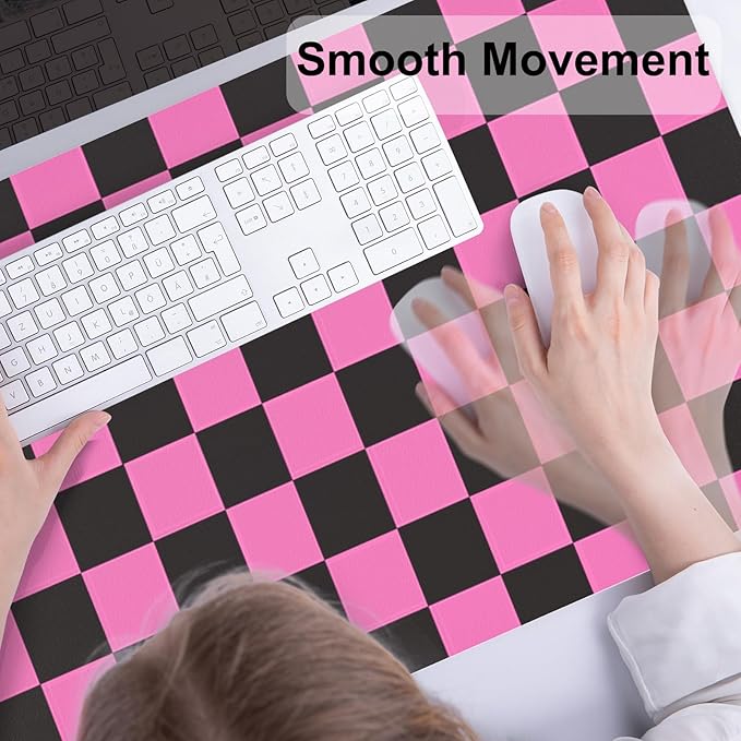Colorful Star Large Black and Pink Mouse Pad, Plaid Waterproof Office Desk Mat, Non-Slip Gaming Mouse Pad, XXL PC Laptop Protector Pads, PU Leather Desk Writing Pads for Office Home, 31.5" x 15.7"