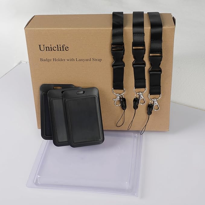 Uniclife 3 Pack Sliding Badge Holder Hard Black Vertical Plastic Card Case Protector with Detachable Lanyard Strap for Office School ID Credit Proximity Key Card Driver’s License and Pass