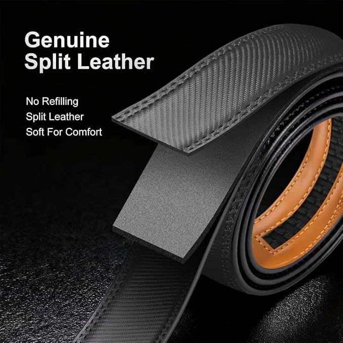 Men's Ratchet Belt Genuine Leather No-Hole Slide Buckle - Adjustable Men's Dress & Casual Belt