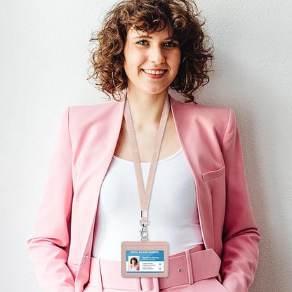 Teskyer Badge Holder with Lanyard, Leather ID Name Badge Card Holder with Lanyard for ID Badges, Horizontal, Lychee Pattern Dark Pink