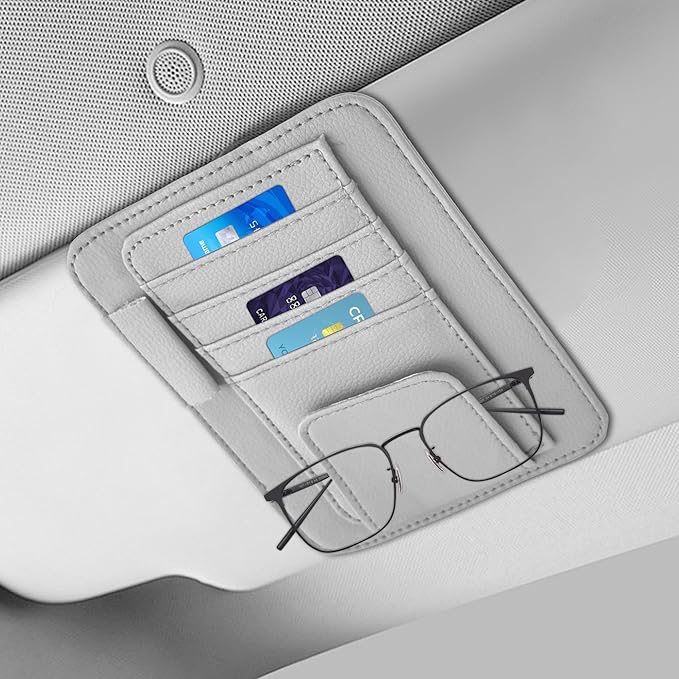 Small Leather Sun Visor Organizer, Visor Accessories, Multi-Pocket Sunvisor Storage with Sunglass Holder, Car Organizer for Drving License Card Pen Fits Most Vehicles (Grey)