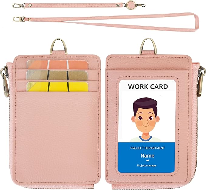 Wason Badge Holder Card Wallet Real Leather with Zipper, Detachable Neck Lanyard, Hand Strap, Retractable Badge Reel, Multi Purpose Case for ID Permit Badge Coin Key Driver's License (Pink)