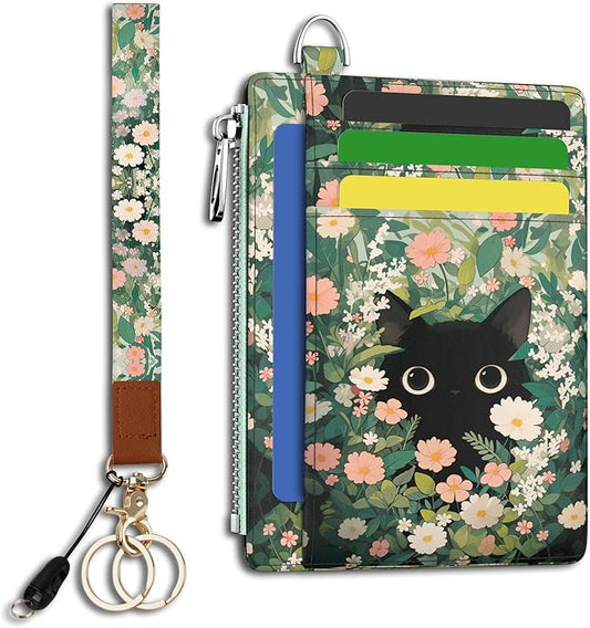 Hancynir Black Cat Floral Slim Wallet Women Credit Card Holder Small Cute RFID Blocking Front Pocket Wallet Wristlet Keychain Lanyard Card Case Thin Travel Zipper Coin PU Leather Ladies Female Gifts