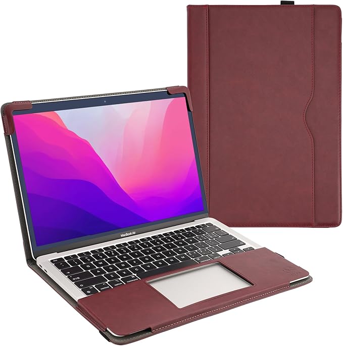 TYTX Compatible with MacBook Air 13 Inch Leather Case, for Model A2337 M1 A2179 A1932 2018-2021 Retina Display Touch ID, PU Leather Laptop Case with Pocket for Papers and Pen Holder, Wine Red