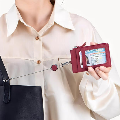 2-in-1 Leather ID Badge Holder with Wallet for Work, Multifunction ID Case with Credit Card Slots & Cash Coin Pocket, Slim Wallet with Lanyard for Women Men Nurse Teacher (Dark Hkaki)