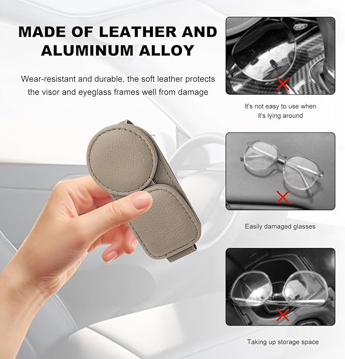 Sunglasses Holder for Car Visor, Magnetic Leather Double Position Visor Glasses Hanger Clip, Premium Soft Double Ends Eyeglasses Holder Ticket Card Clips for Auto Sun Visor (Gray)