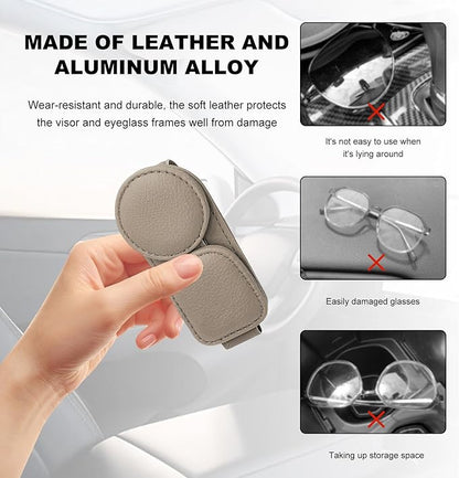 Sunglasses Holder for Car Visor, Magnetic Leather Double Position Visor Glasses Hanger Clip, Premium Soft Double Ends Eyeglasses Holder Ticket Card Clips for Auto Sun Visor (Gray)