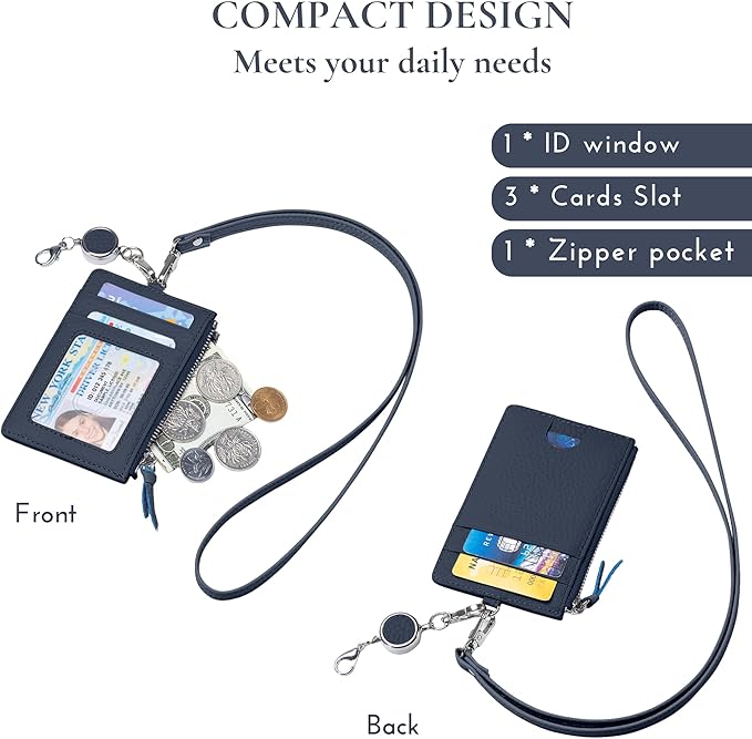 Leather Lanyard Wallet with ID Badge Holder, Minimalist Wallet for Women & Men, Women's ID Case with Zipper Pocket, Breakaway Lanyard & Retractable Reel Clip for Teacher Nurse Student (Dark Blue)