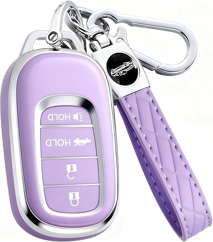 Key Fob Cover for Honda - Premium Soft TPU Shell Full Protection Case with Keychain, Fits Accord Civic HR-V CR-V Pilot Passport, Purple 4-Button