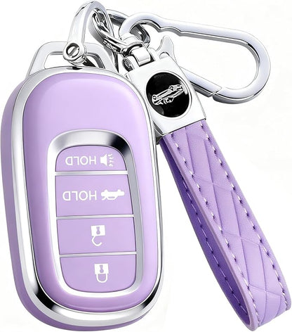 Key Fob Cover for Honda - Premium Soft TPU Shell Full Protection Case with Keychain, Fits Accord Civic HR-V CR-V Pilot Passport, Purple 4-Button