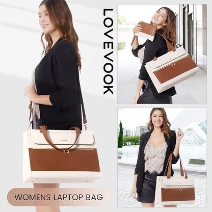 LOVEVOOK Laptop Tote for Women - 15.6 Inch Professional Leather Computer Briefcase with Waterproof Handbag Shoulder Bag Large Capacity Business Teacher Office Crossbody Purse