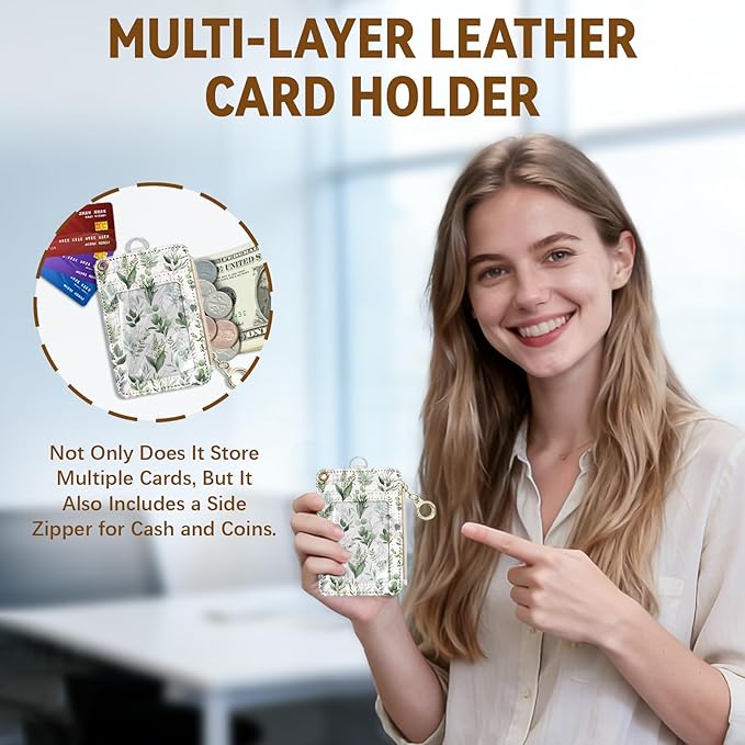 Cute Leather Badge Holder with Zipper Pocket, Leaves Lanyards and 1 Zip Pocket and 4 Card Slots, Breakaway Lanyards with Metal Clasp for Offices, Staff, Adult, Employees
