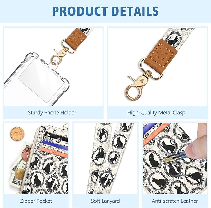 Black Cat Lanyard Wallet Credit Card Holder, Goth ID Badge Holder Keychain Wallets Women, Slim Small RFID Zipper Pocket Phone Lanyard Wristlet Wrist Strap for Name Tag Office Teacher