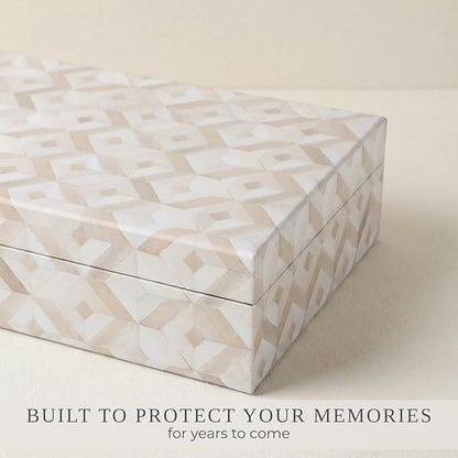 ZICOTO Decorative Storage Boxes with Lids - Set of 2 Beautiful Organizer Bins for Your Bookshelf Home Decor - Safely Store Photos, Documents and Memory Box Keepsakes on Your Shelves in Style