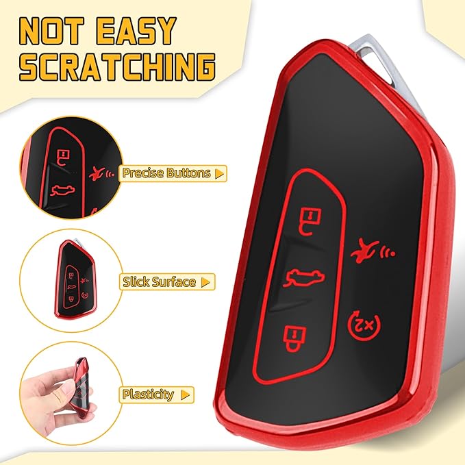 FT FUNTOR Key Fob Cover for Volkswagen,Soft TPU Full Protection Case Compatibale With VW Golf GTI Atlas Skoda Octavia ID3 ID4 MK8 (Red, 5 Buttons)