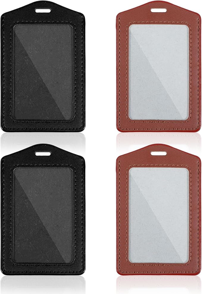 4 Pcs Leather ID Badge Holders, Waterproof Single-Side Clear Card Holders, Vertical Leather Name Badge Holder for Office Staff Students Employees (Black, Brown)