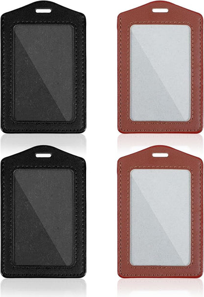 4 Pcs Leather ID Badge Holders, Waterproof Single-Side Clear Card Holders, Vertical Leather Name Badge Holder for Office Staff Students Employees (Black, Brown)